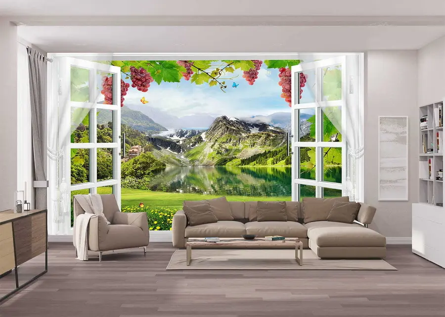 Fototapete Blick aus dem Fenster auf den Bergsee u59842
