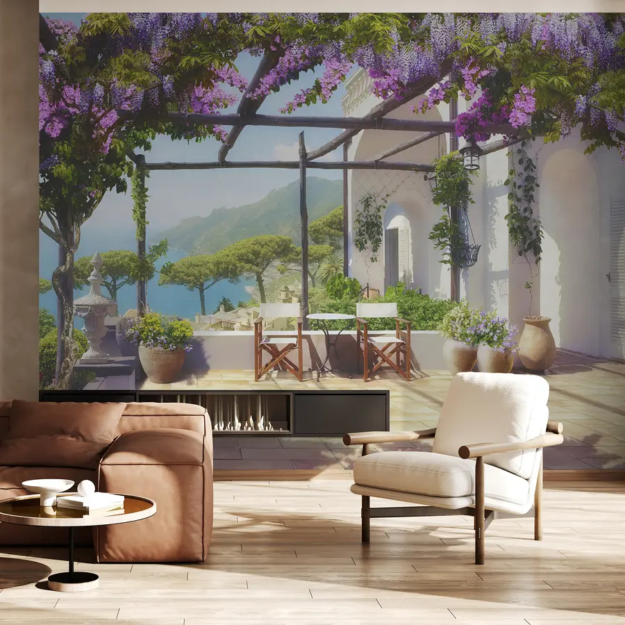 Fototapete Glyzinienblüte auf der Veranda u03904