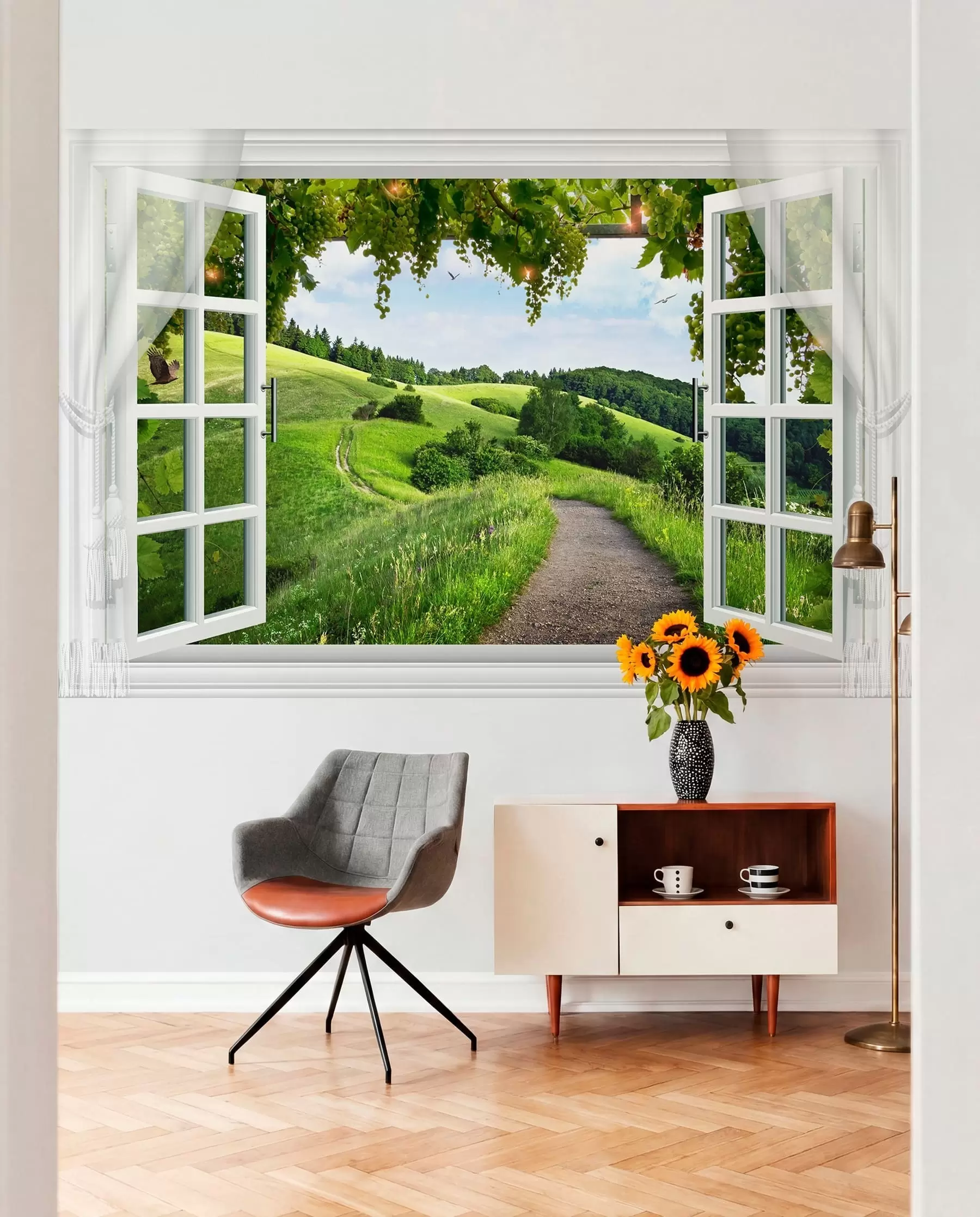 Fototapete Fenster zu grünen Hügeln u28196