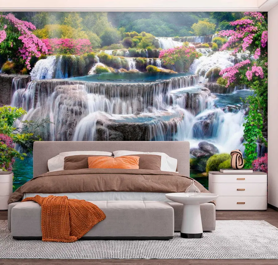 Fototapete Wasserfall und blühende Bäume u60065
