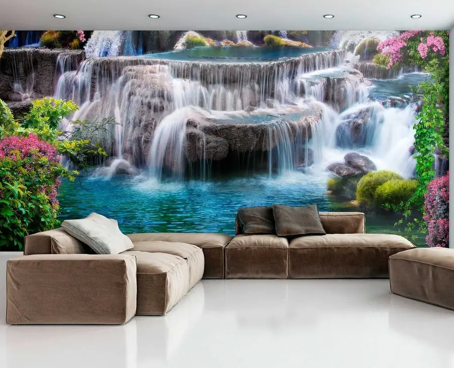 Fototapete Wasserfall und blühende Bäume u60065