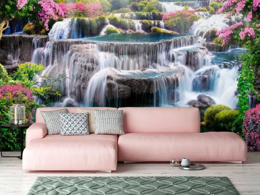 Fototapete Wasserfall und blühende Bäume u60065