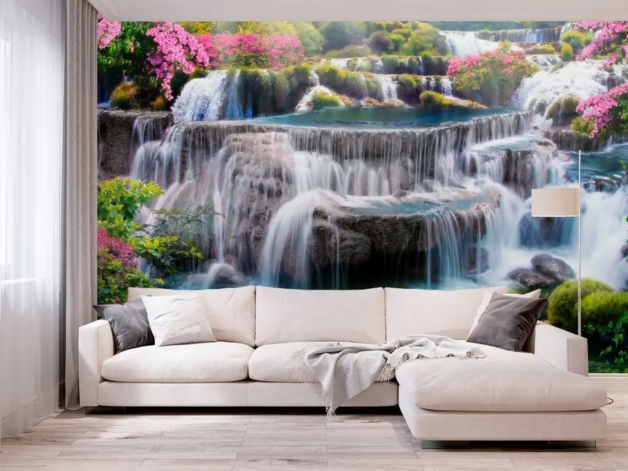 Fototapete Wasserfall und blühende Bäume u60065