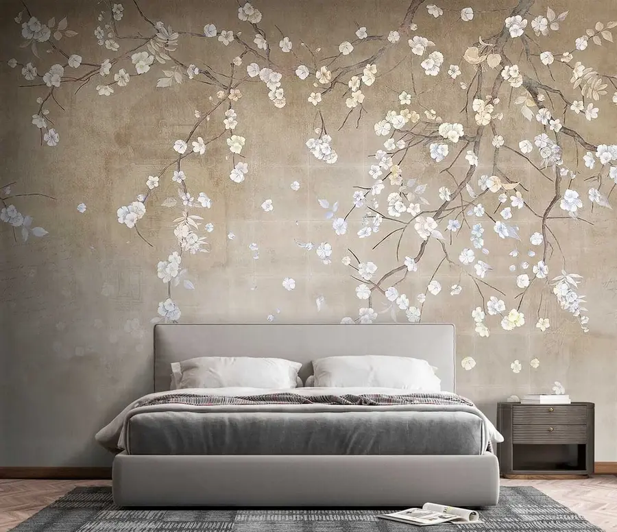 Fototapete Blühender Baum an einer schäbigen Wand u61369