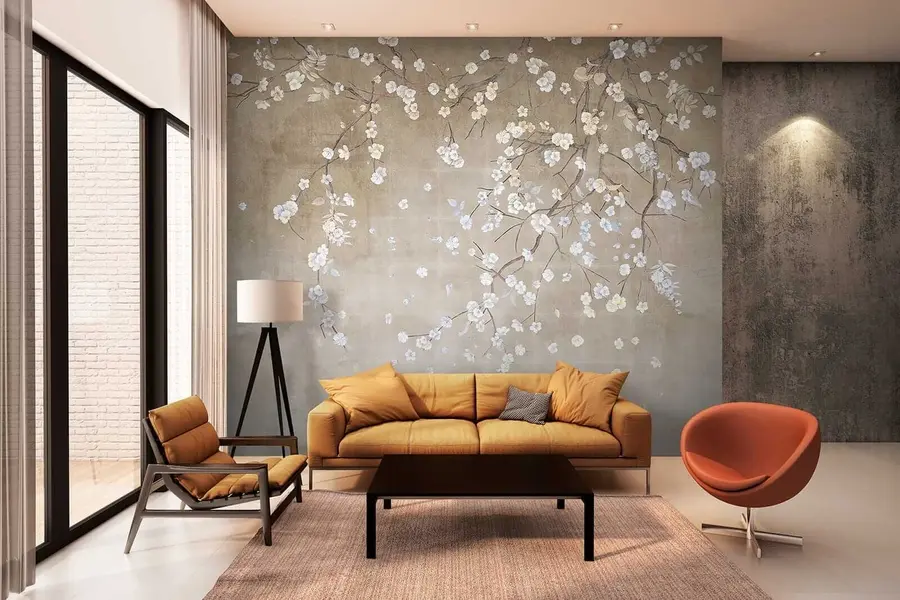 Fototapete Blühender Baum an einer schäbigen Wand u61369