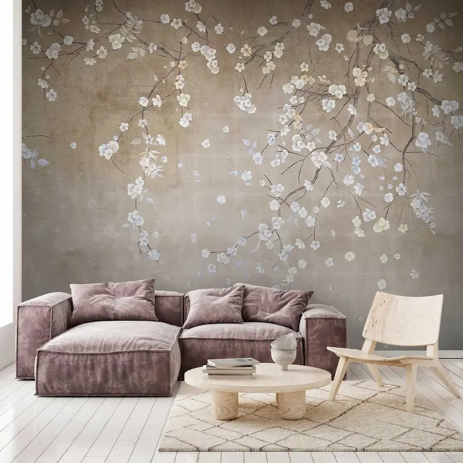 Fototapete Blühender Baum an einer schäbigen Wand u61369