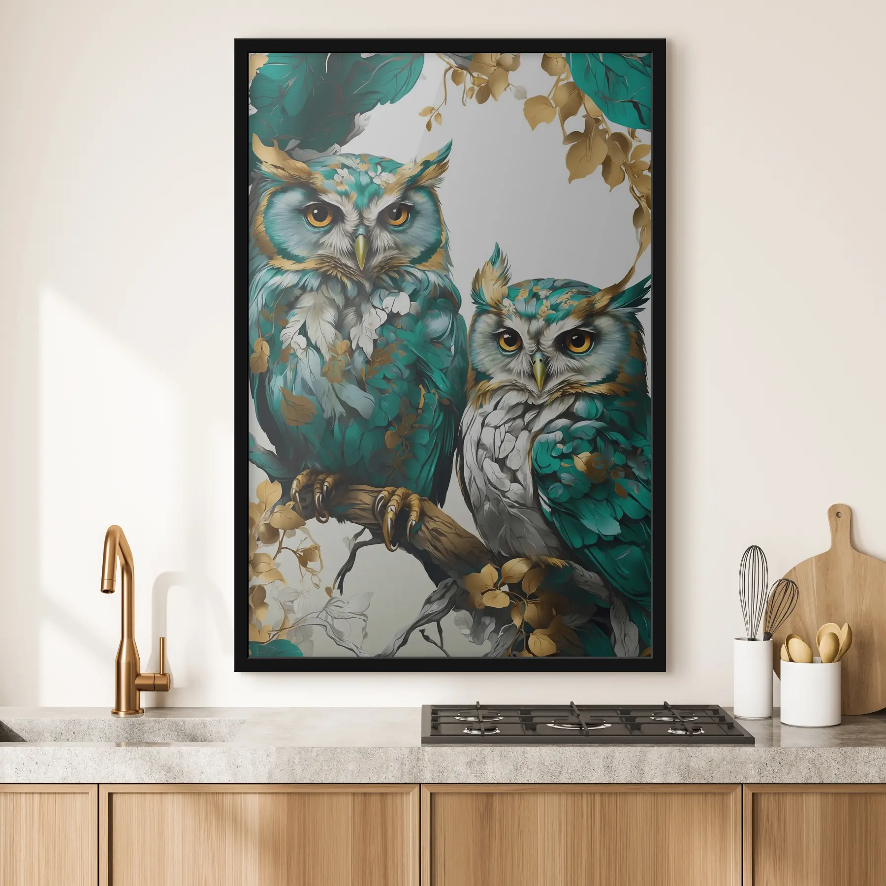 Fototapete Zwei grüne Eulen im Laub f37569