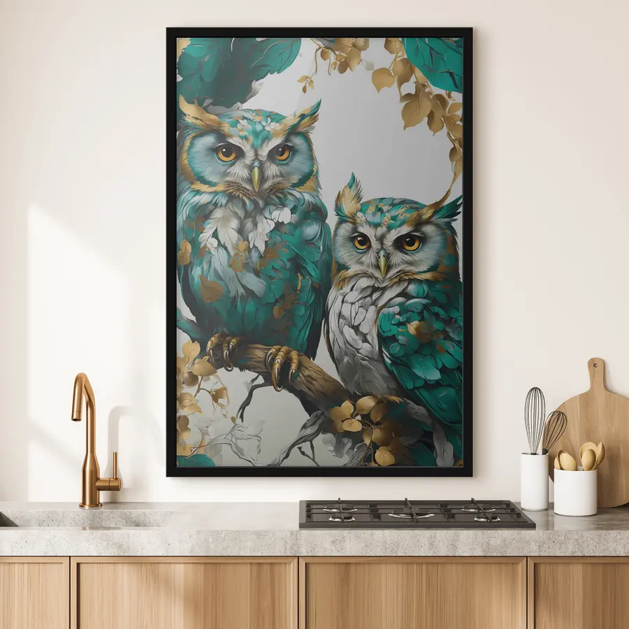 Fototapete Zwei grüne Eulen im Laub f37569