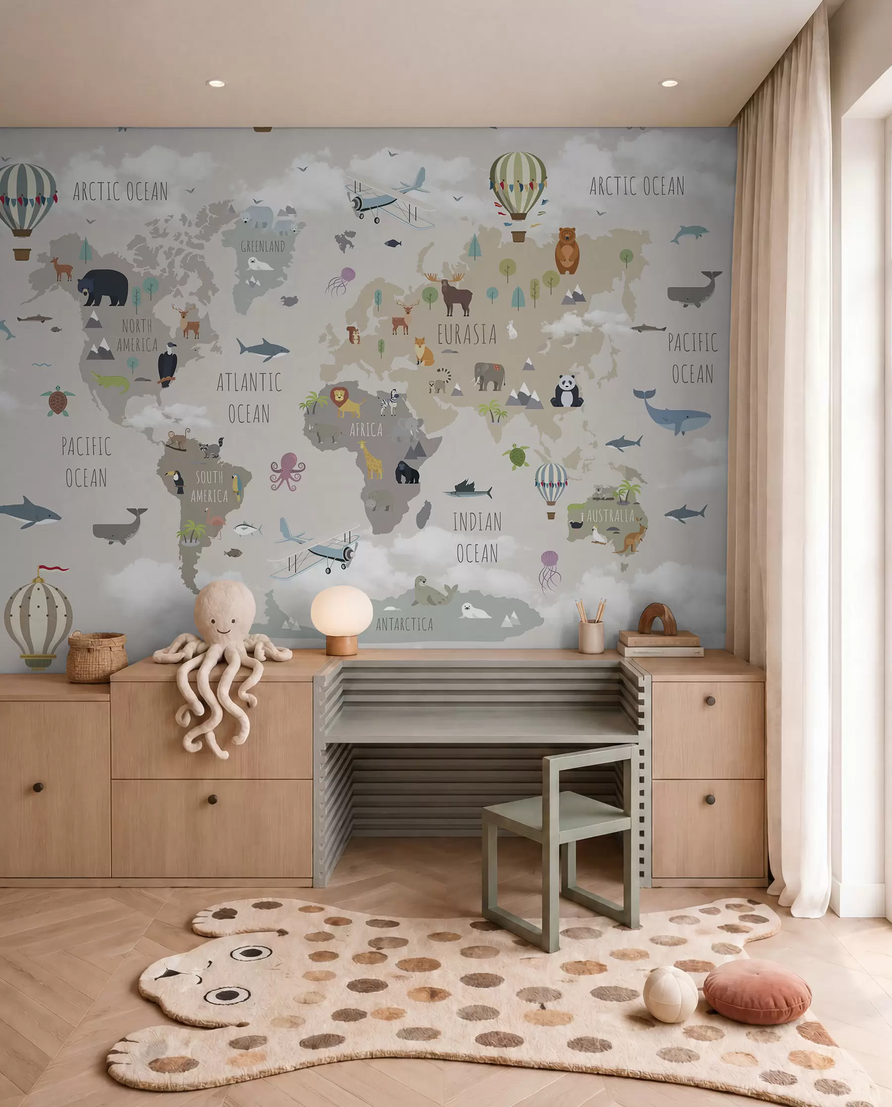 Fototapete Weltkarte mit Tieren und Luftballons u96461d1