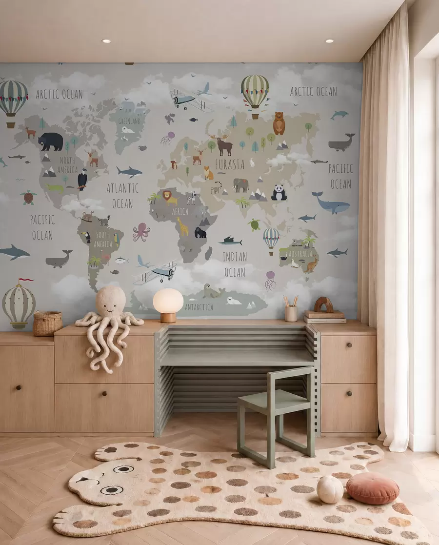 Fototapete Weltkarte mit Tieren und Luftballons u96461d1