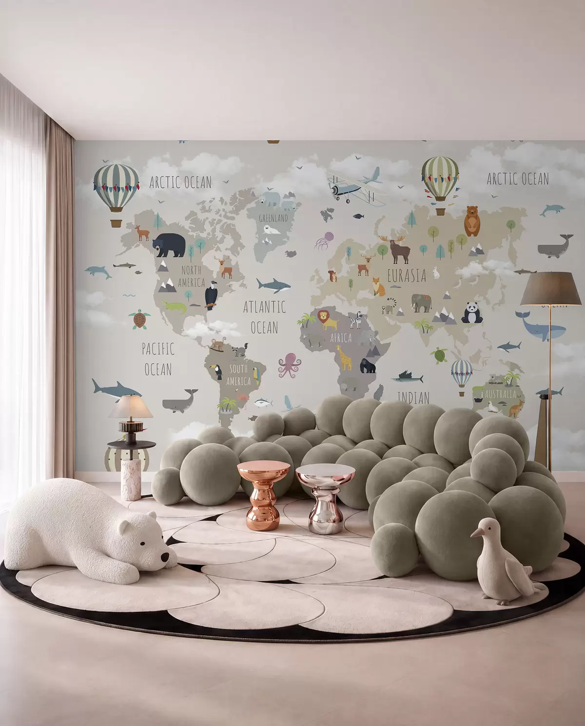 Fototapete Weltkarte mit Tieren und Luftballons u96461d1
