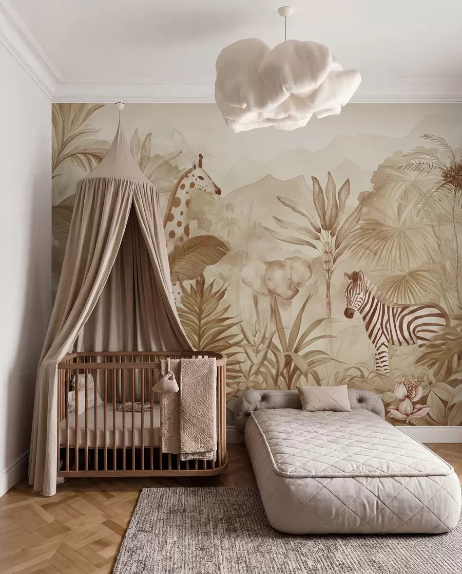 Fototapete Dschungelwald, Palmen, Giraffe, Elefant, Zebra, Aquarell, beige Farbe, Bananenbaum, Blumen w00089v1