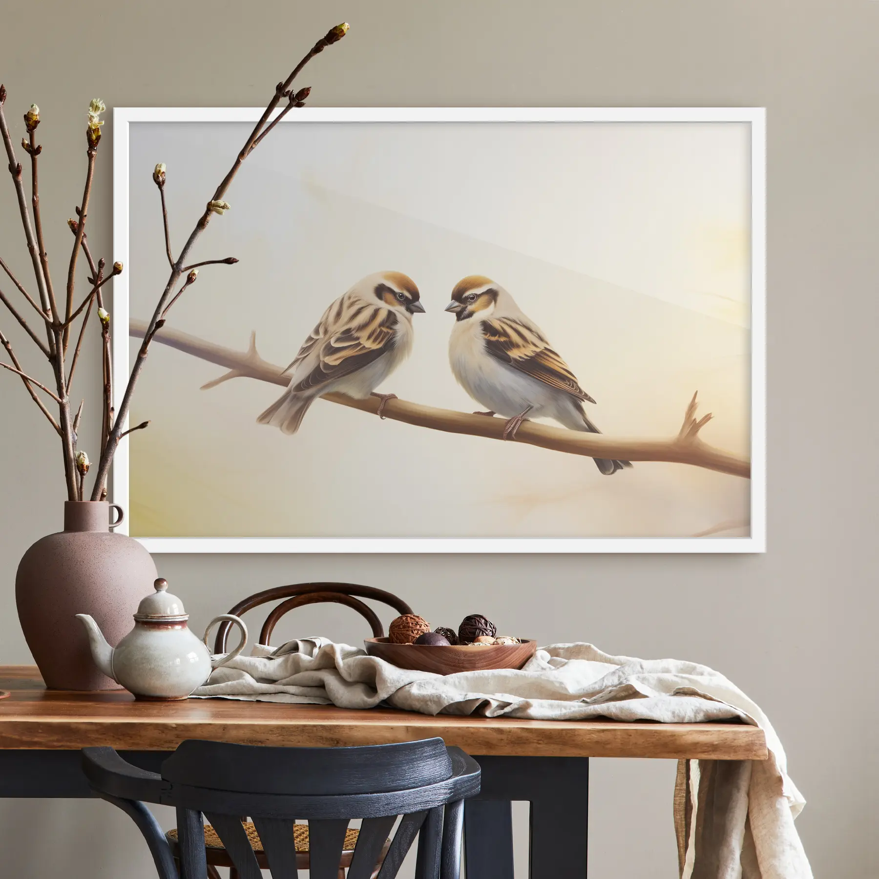 Fototapete Zwei Spatzen zusammen auf einem Ast f37393