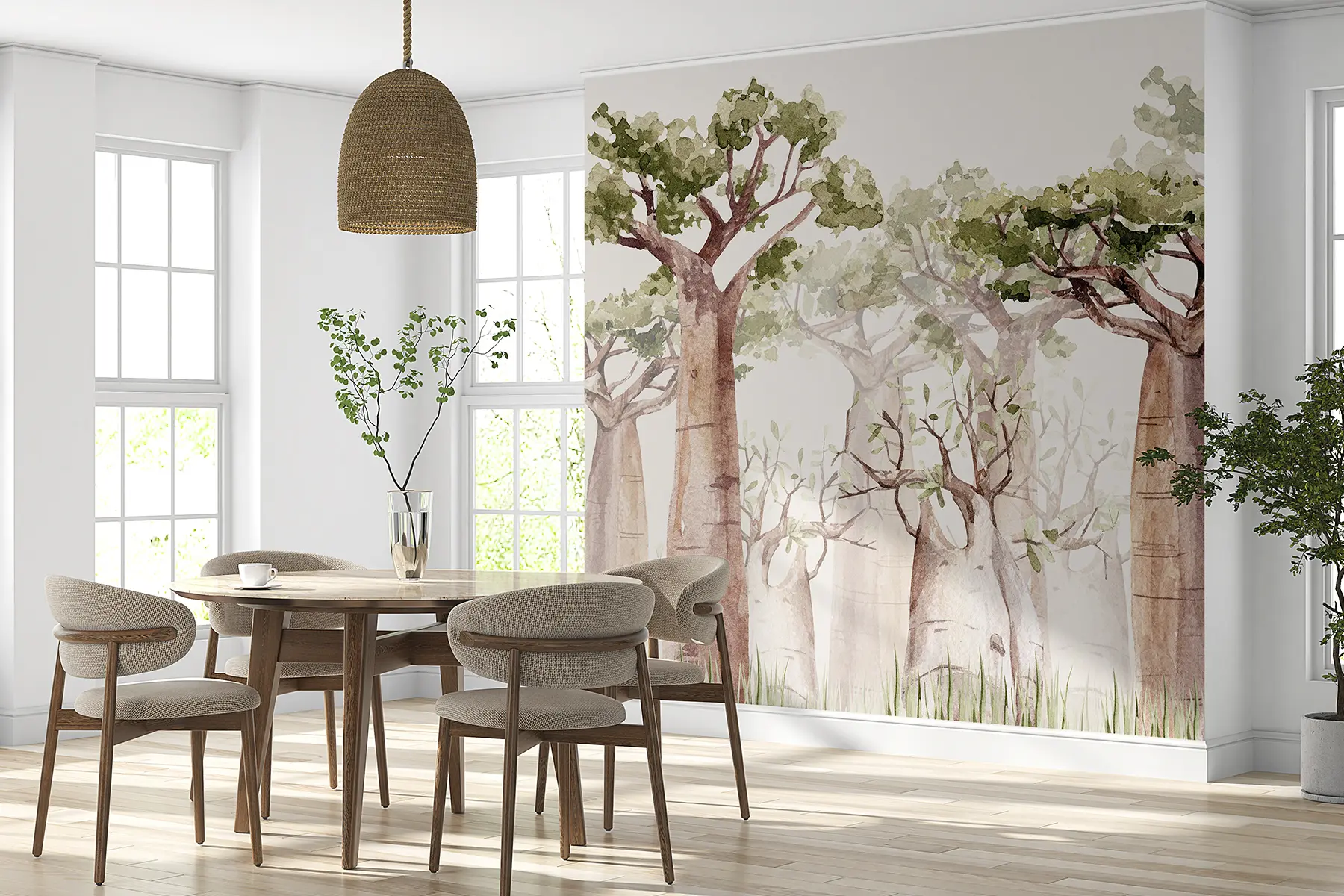 Fototapete Baobab-Baum, Safari-Thema, Wald, beige und grüne Farben w00082