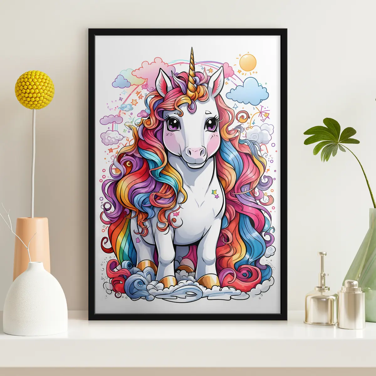 Poster Farbenfrohes Einhorn inmitten traumhafter Wolken f37766
