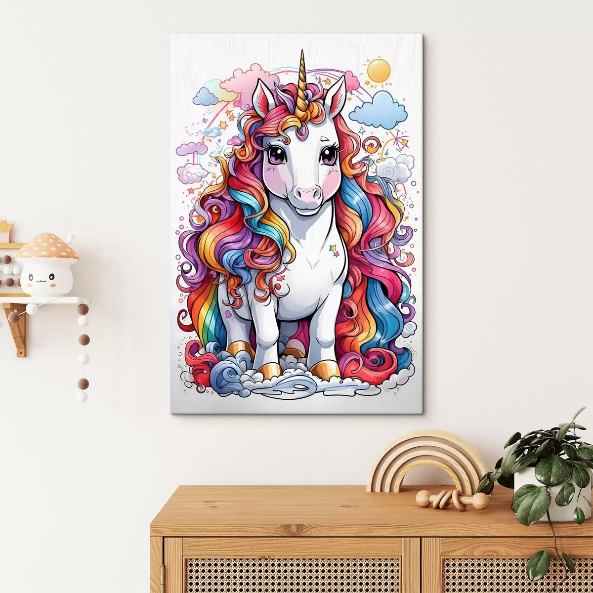Wandbilder Magisches Einhorn mit leuchtender Regenbogenmähne s37766