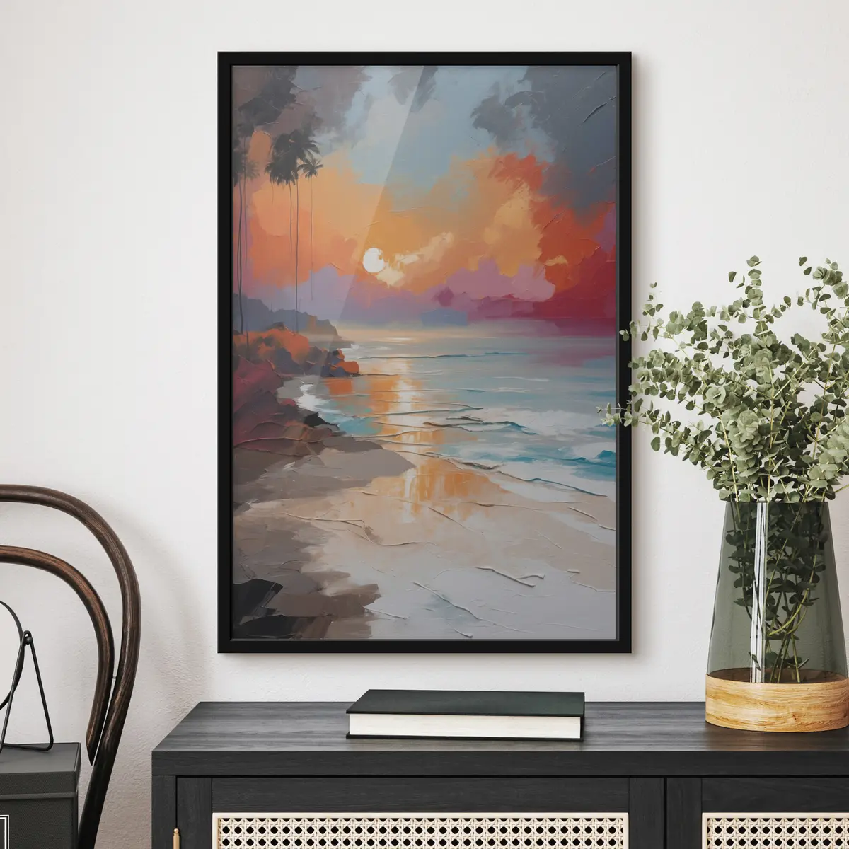 Poster Lebendiger Sonnenuntergang über einem ruhigen Strand f37800