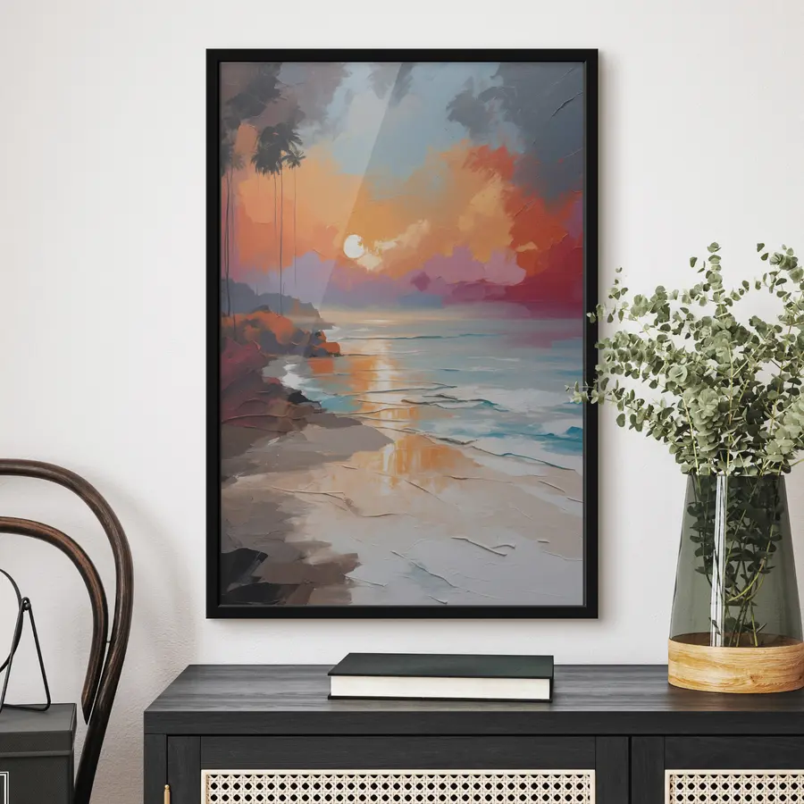 Fototapete Lebendiger Sonnenuntergang über einem ruhigen Strand f37800