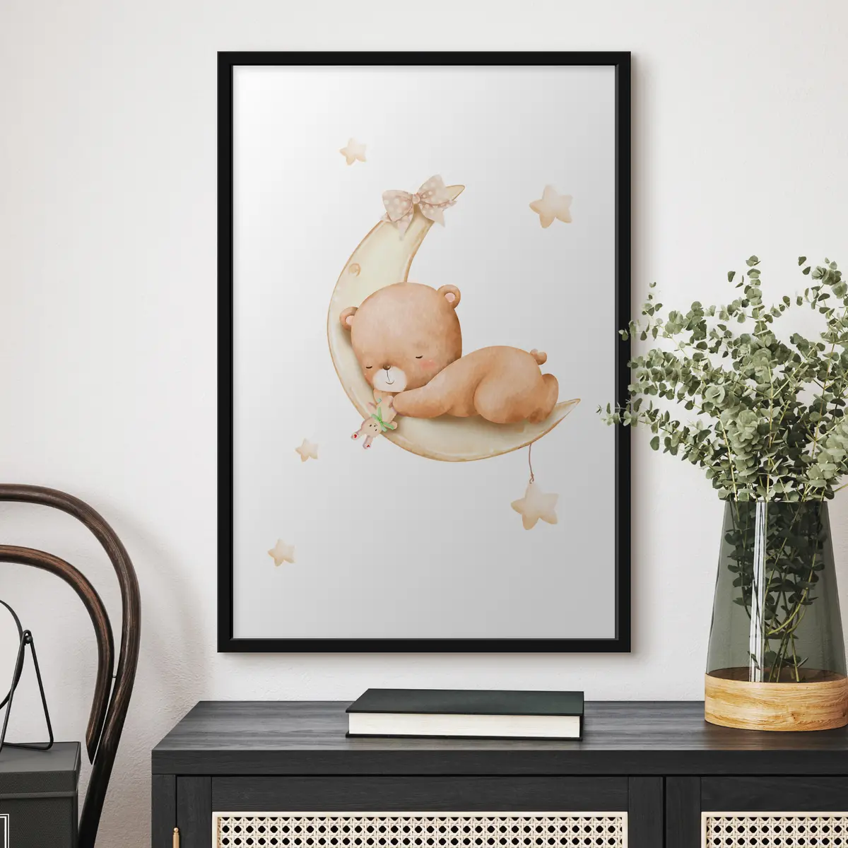 Poster Kuscheliger Bär träumt auf dem Mond f37917