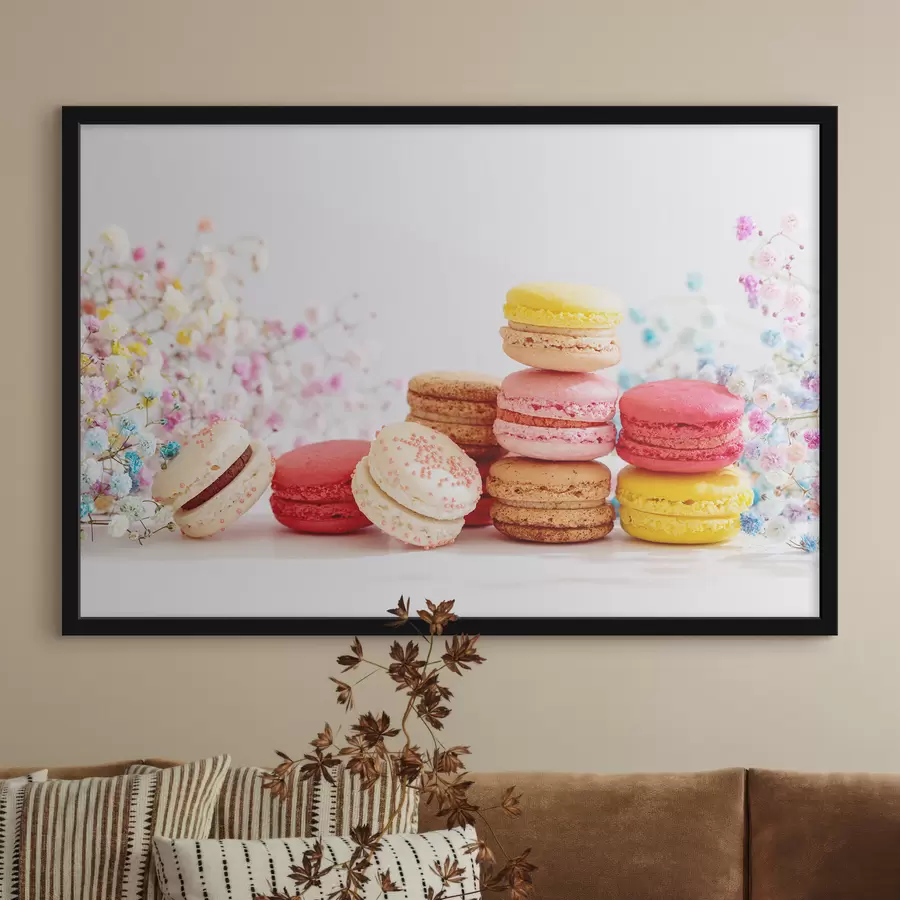 Fototapete Bunte Macarons zwischen zarten Blumen f37757