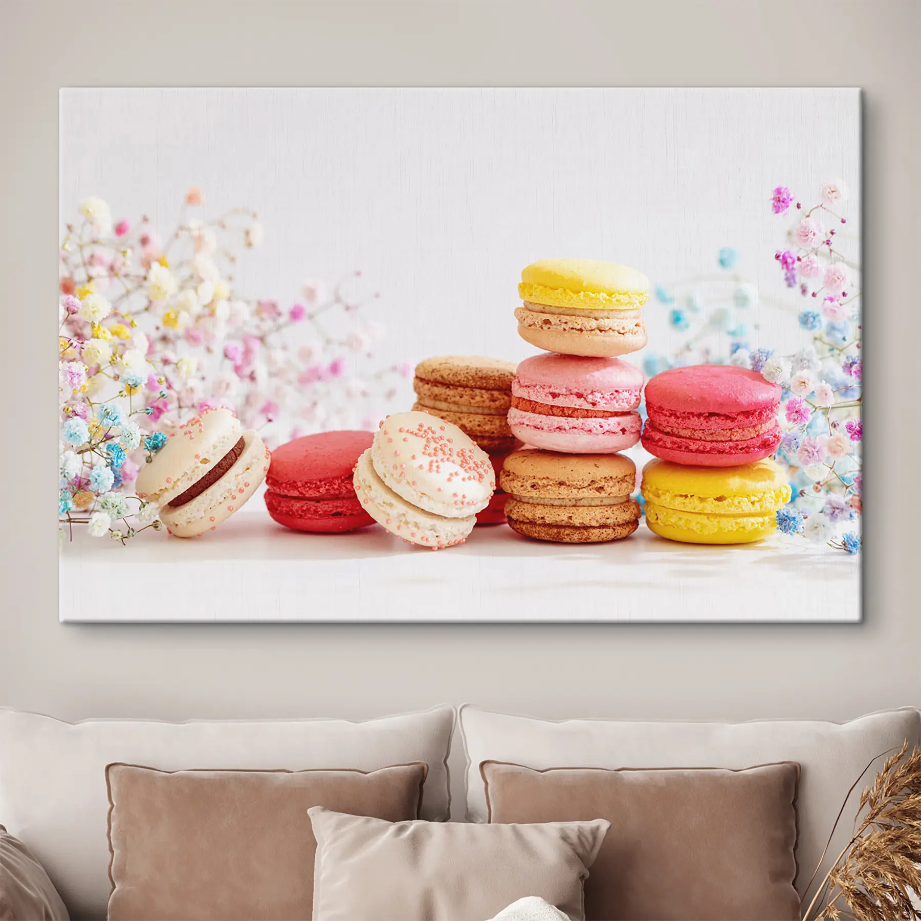 Fototapete Bunte Macarons mit zarten Blumen s37757
