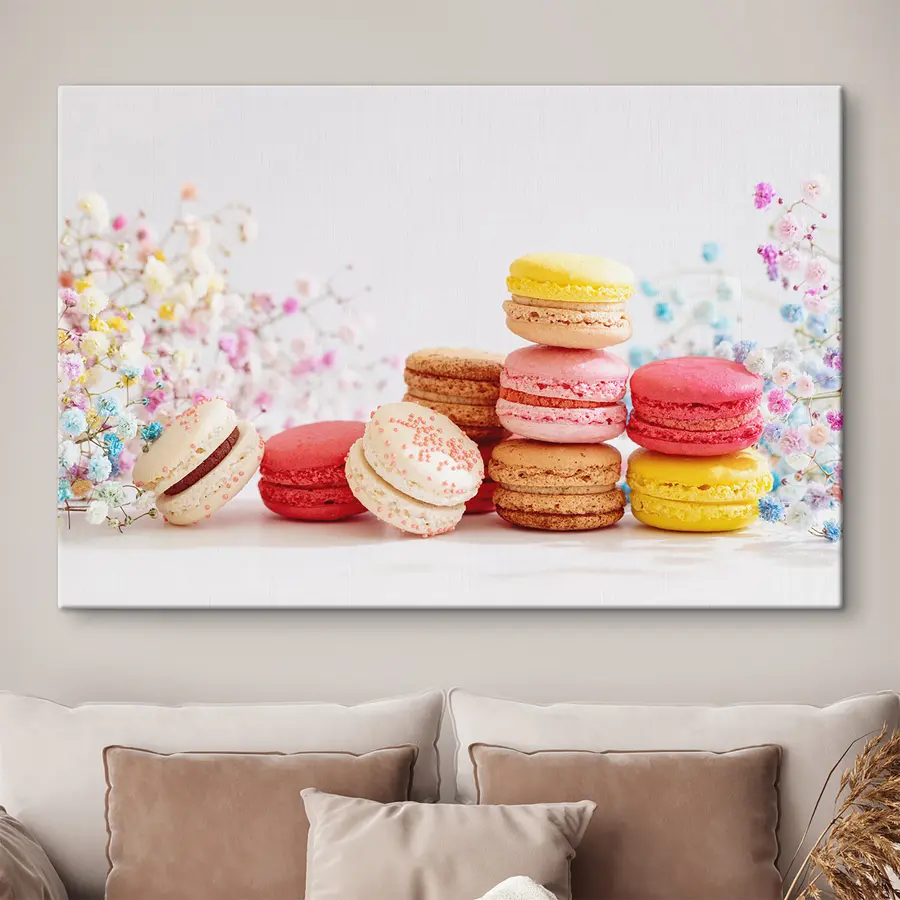 Wandbilder Bunte Macarons mit zarten Blumen s37757