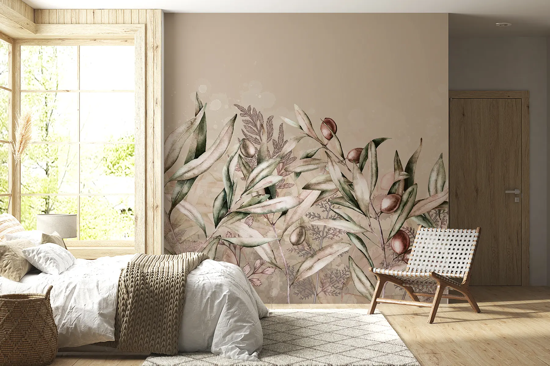 Fototapete Oliven-Illustration, Blumendesign, tropisch, Aquarell, große Blätter, Beigetöne w00407v1