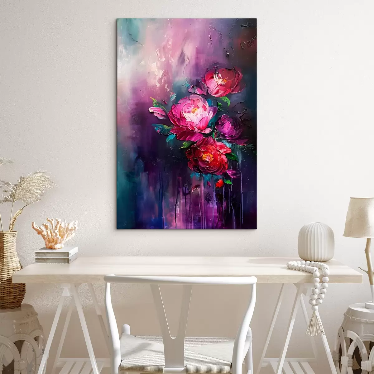 Wandbilder Malen von Rosen, blühenden Blumen im Ölgemälde-Stil, auf einem dunkelvioletten Hintergrund s38108