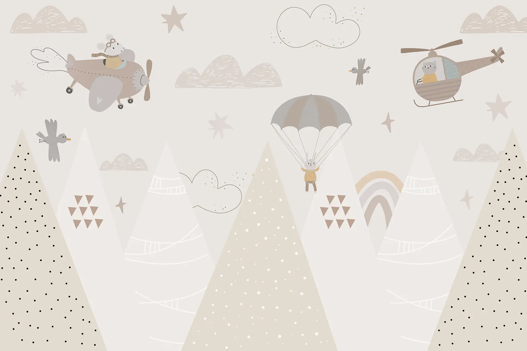 Fototapete Beige Berge mit Hubschrauber, Flugzeug und Tieren w00414