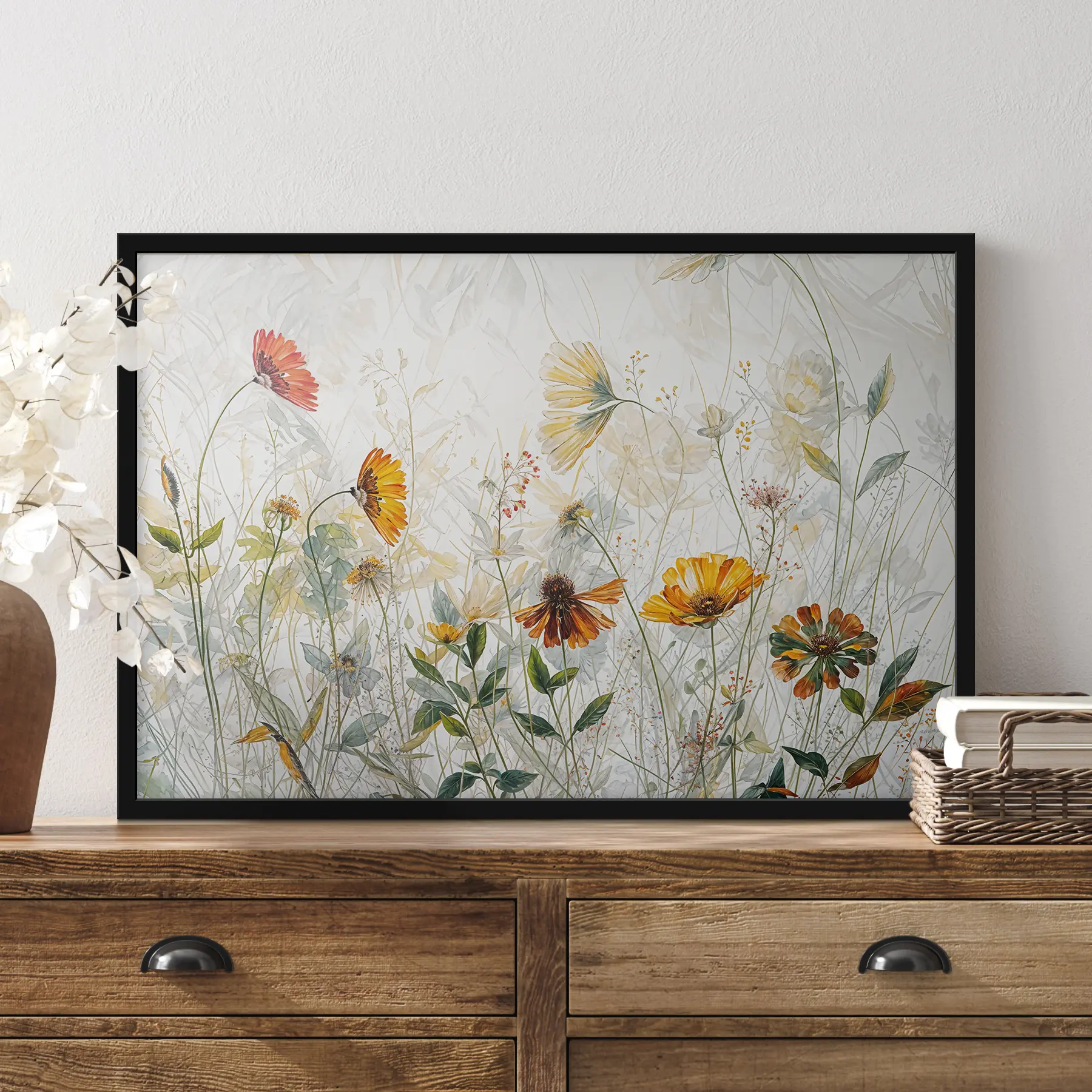 Wandbilder Feld zarte Blumen auf weißem Hintergrund Ölgemälde f38197