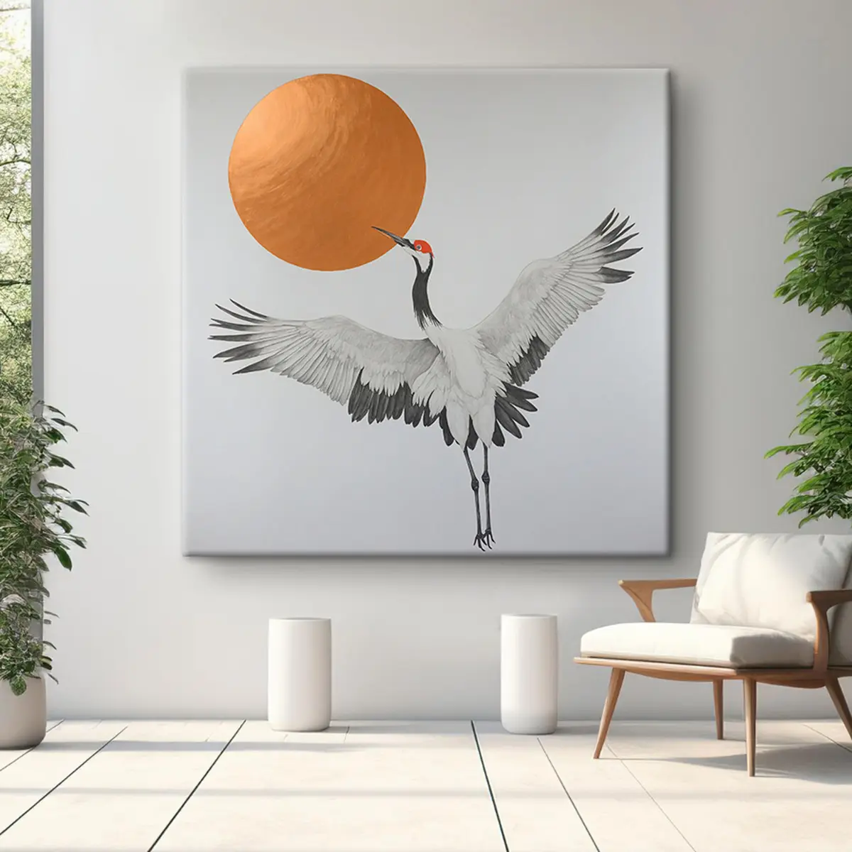 Wandbilder Kranich fliegt in Richtung Sonne s38195