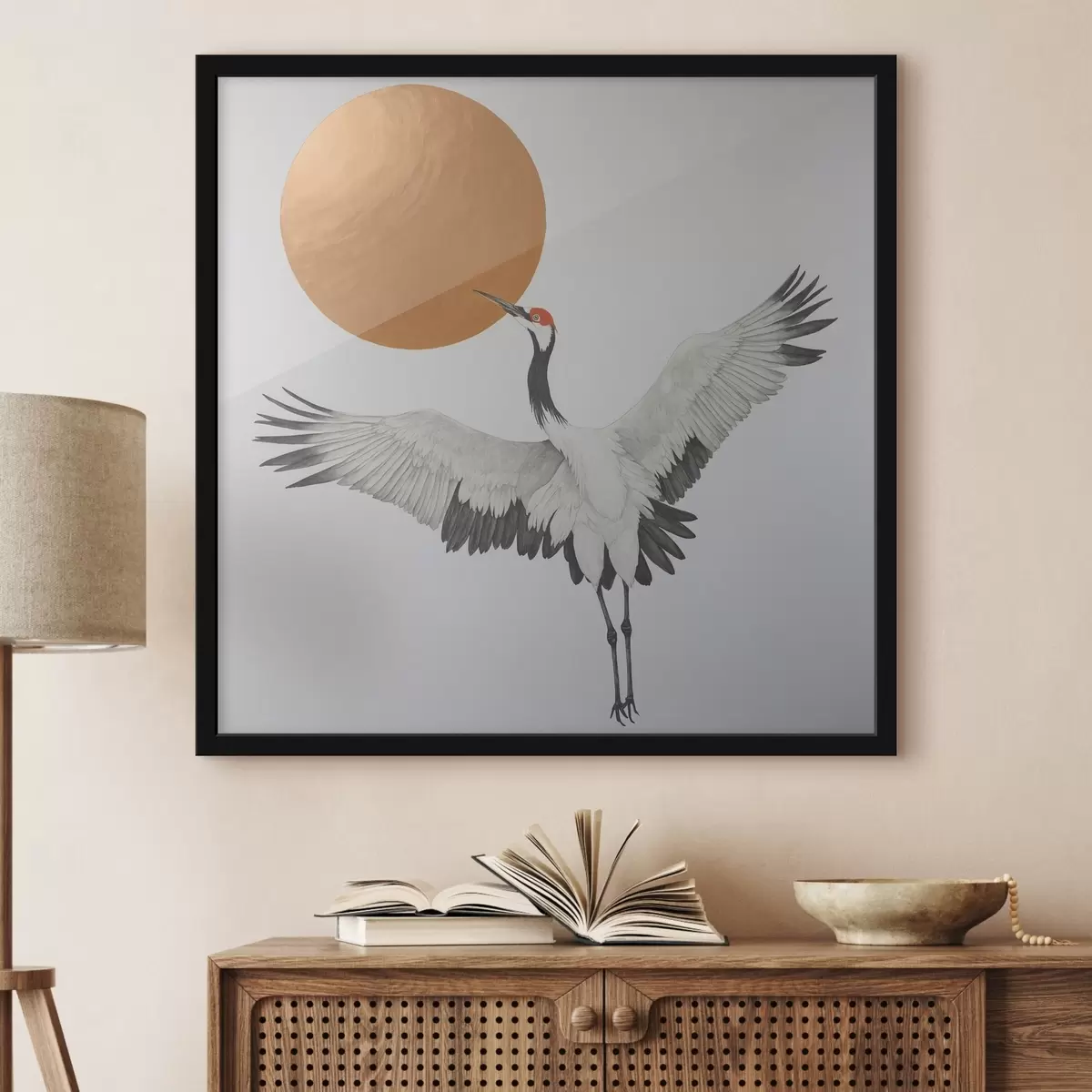 Poster Ein Kranich fliegt der Sonne entgegen f38195