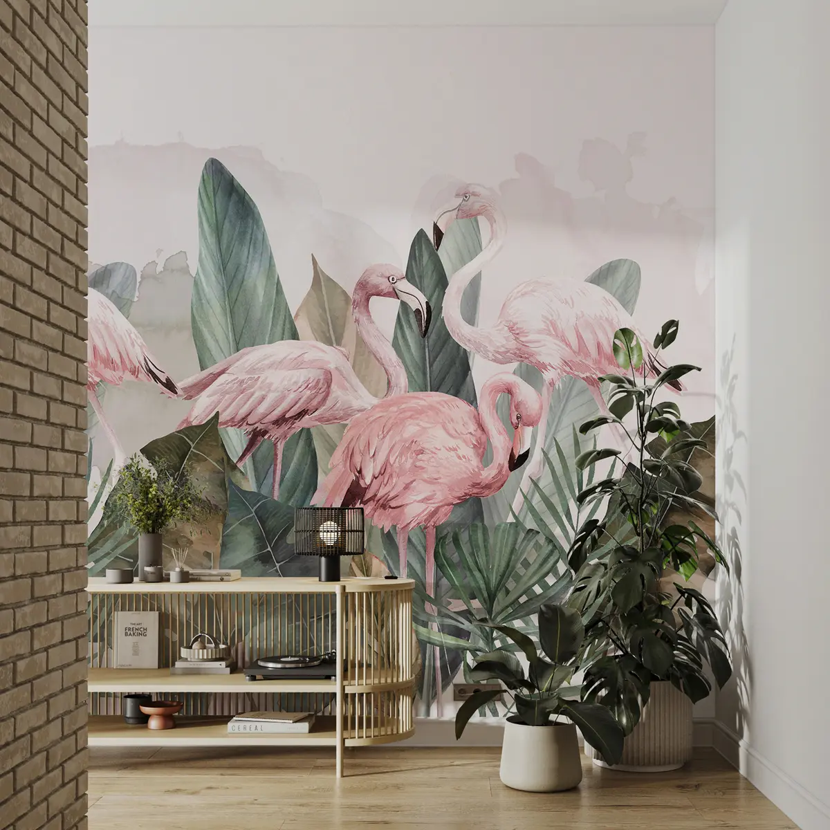 Fototapete Flamingos in den tropischen Blättern, Aquarell-, Rosa- und Olivfarben w00505v1