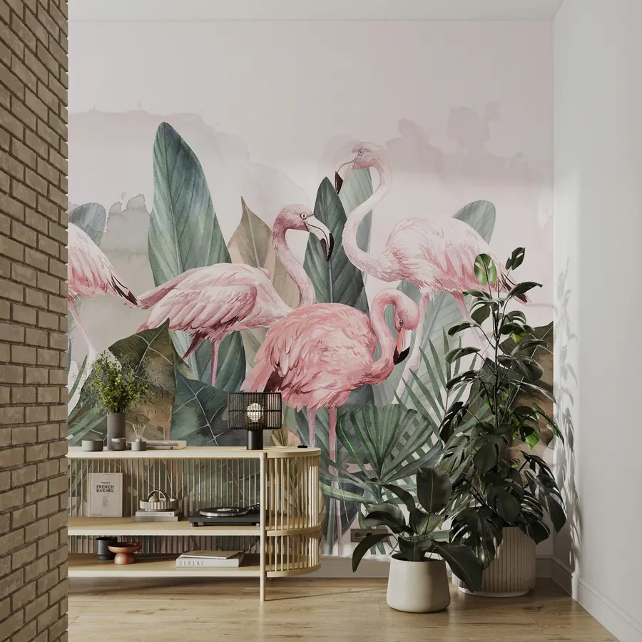 Fototapete Flamingos in den tropischen Blättern, Aquarell-, Rosa- und Olivfarben w00505v1