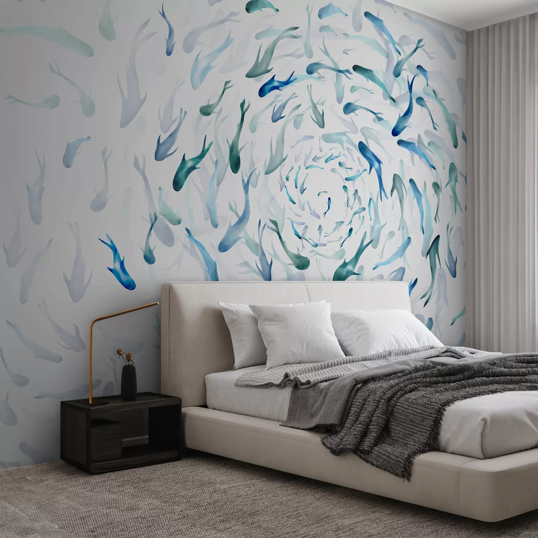 Fototapete Wirbelnde Fische in einem Strudel, Fischtanz, Aquarell, Hai, abstrakte Komposition, Minimalismus, blaue, grüne Farbe w00510