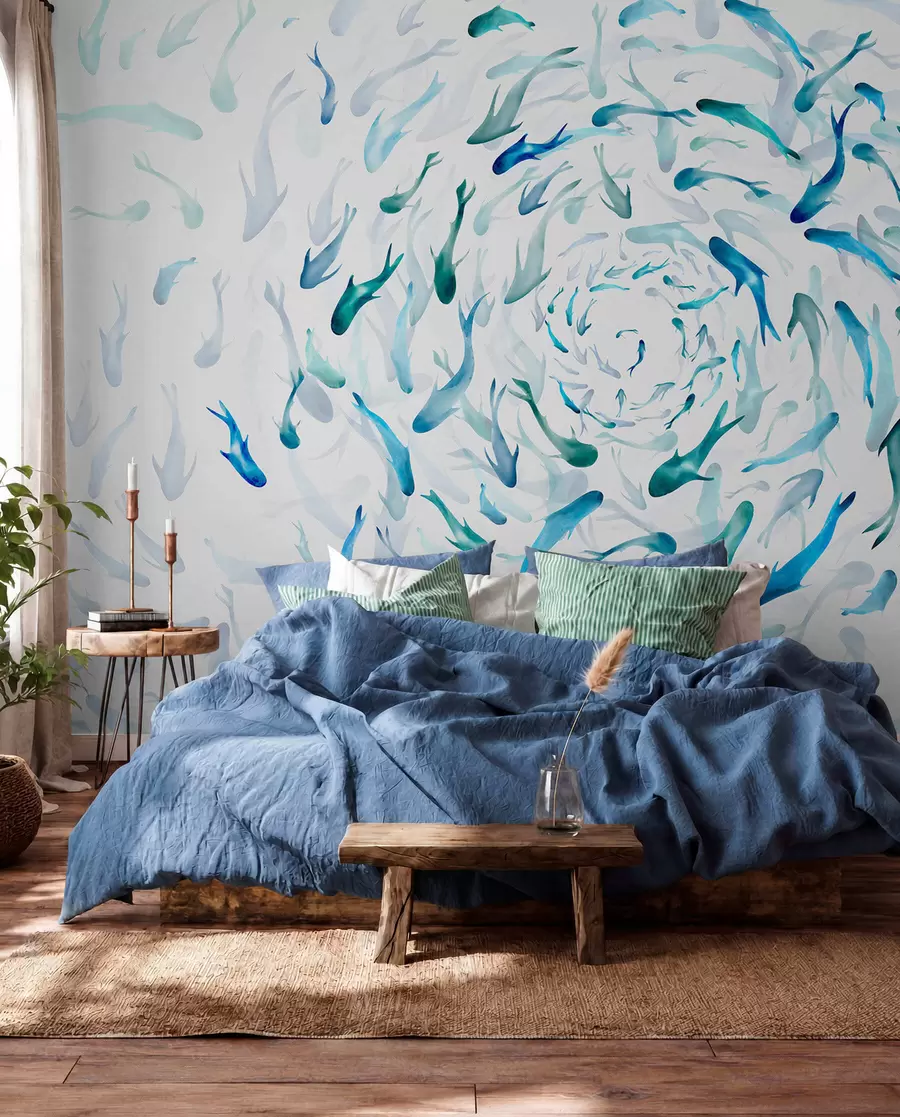 Fototapete Wirbelnde Fische in einem Strudel, Fischtanz, Aquarell, Hai, abstrakte Komposition, Minimalismus, blaue, grüne Farbe w00510