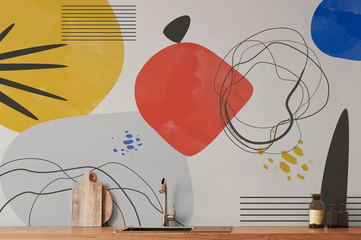 Fototapete Abstraktion modern, Lichtblick, Boho, Geometrie, Topographie, Kurven, Linien, rot, gelb, blau, schwarz w00514