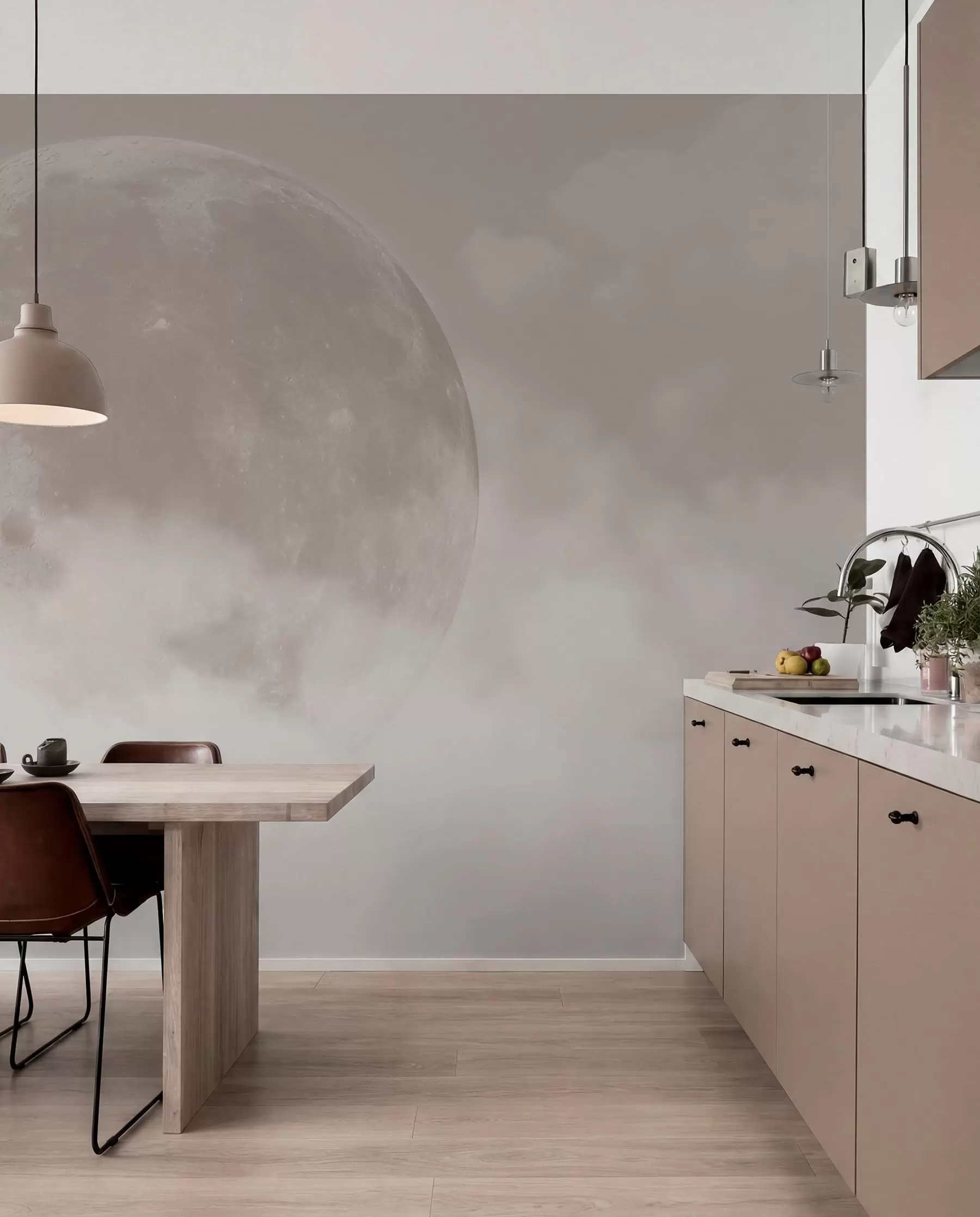 Fototapete Großer Mond zwischen den Wolken im beigen Loft-Stil w00548