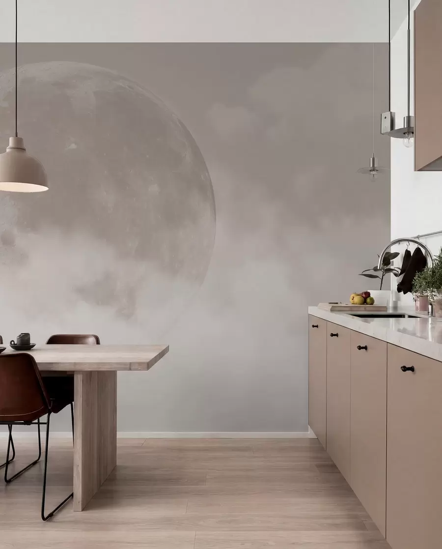 Fototapete Großer Mond zwischen den Wolken im beigen Loft-Stil w00548