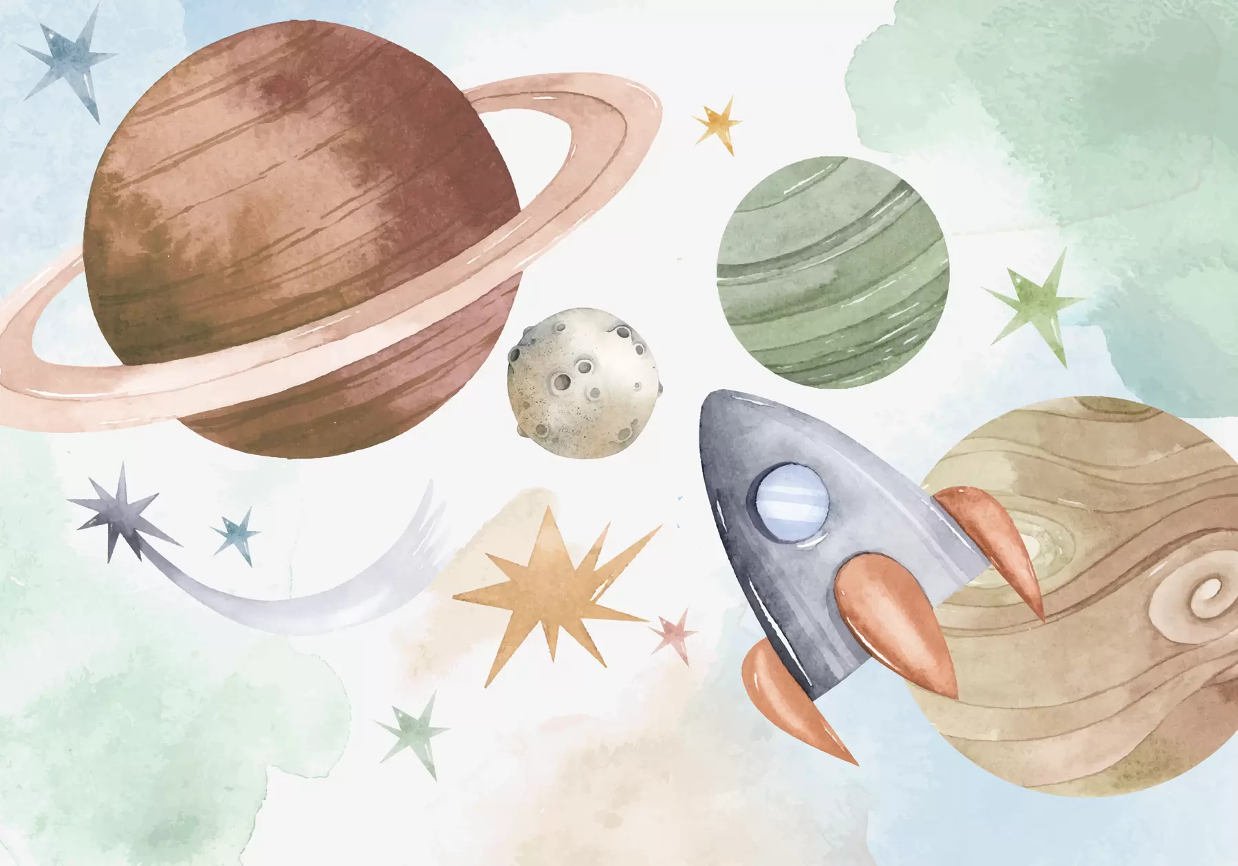 Fototapete Eine farbenfrohe Illustration, die verschiedene Planeten und Weltraum-Aquarelle darstellt w00539