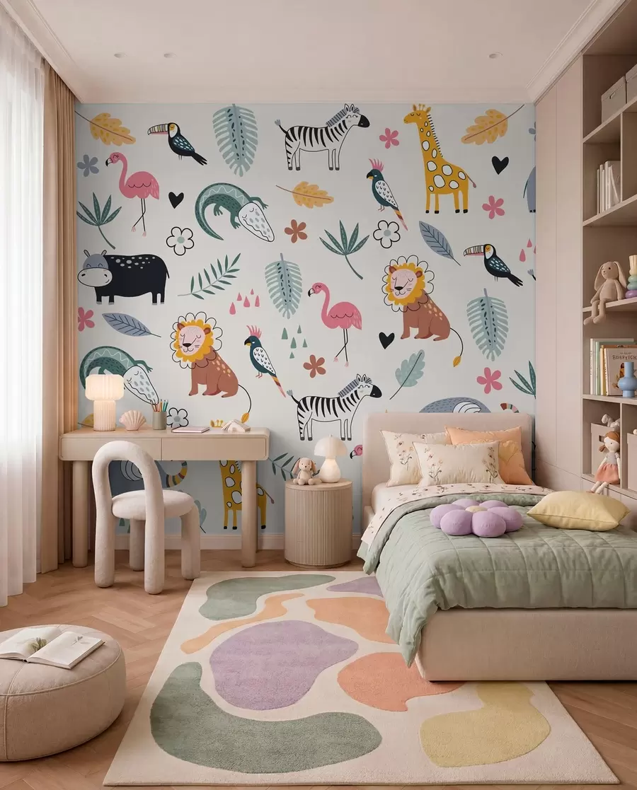 Fototapete Tiere, Löwen, Giraffen, Elefanten, Blätter, Babyzimmer w00555