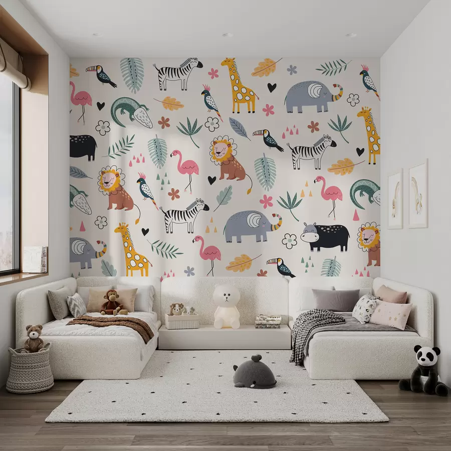 Fototapete Tiere, Löwen, Giraffen, Elefanten, Blätter, Babyzimmer w00555