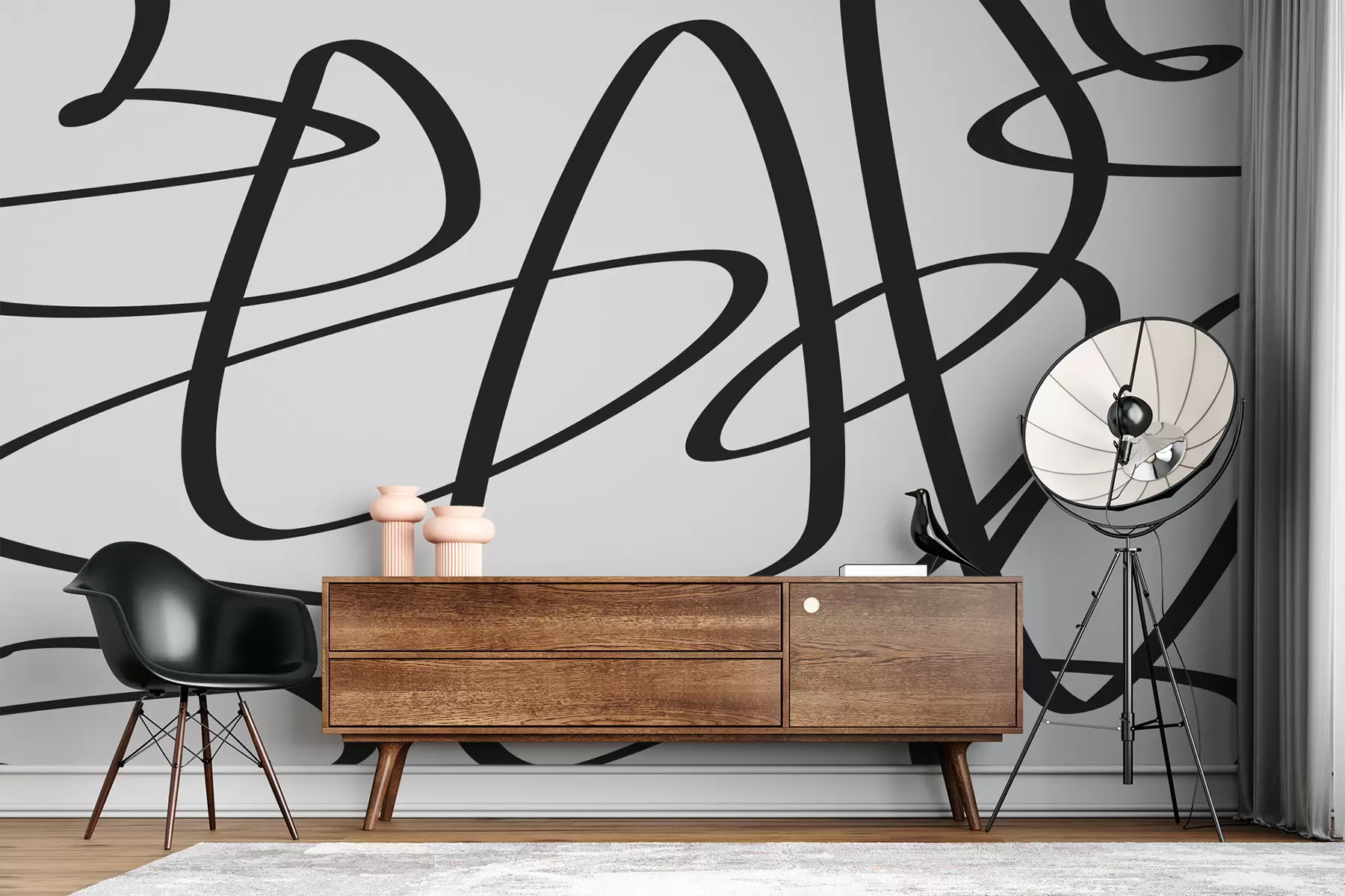 Fototapete Schwarze Kurve, durchgehende gedrehte Linie, Tinte, abstrakt w00583