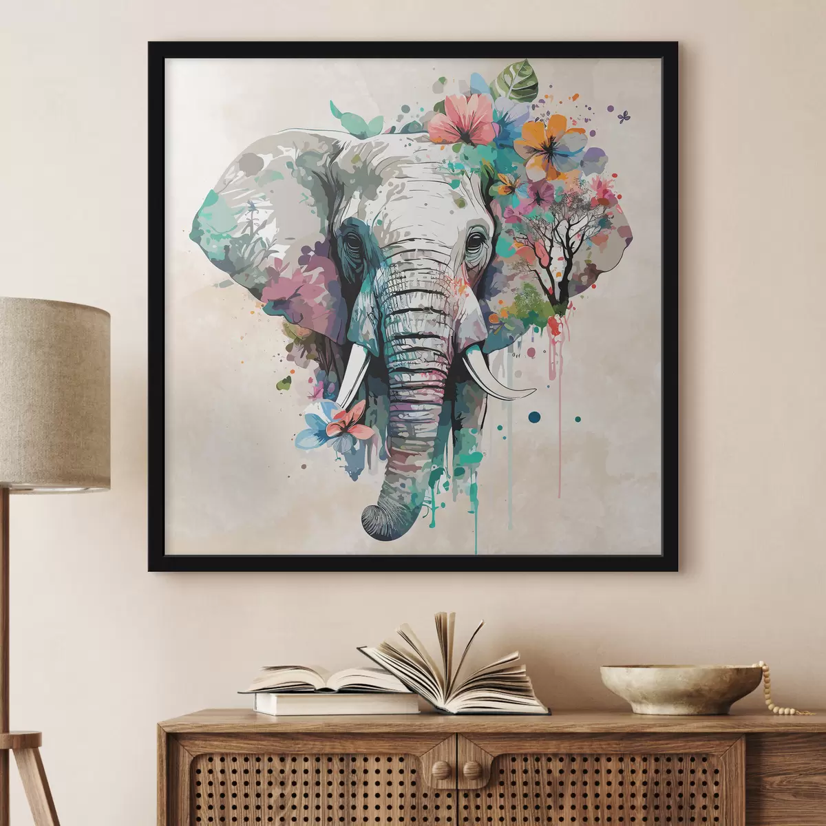 Poster Elefant in Blumen, Farbflecken f38333