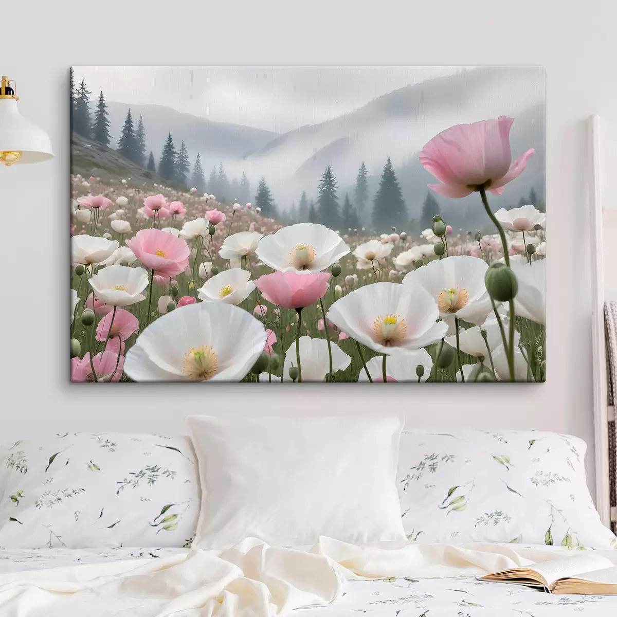 Wandbilder Ein Feld mit rosa und weißen Mohnblumen in der Berglandschaft im Hintergrund s38369
