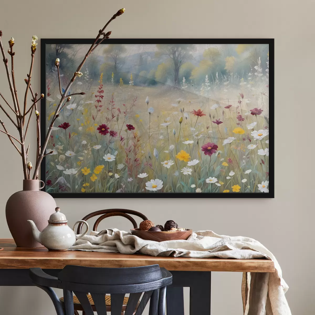 Poster Eine bunte Wiese mit Wildblumen mit einem verschwommenen Wald im Hintergrund f38368