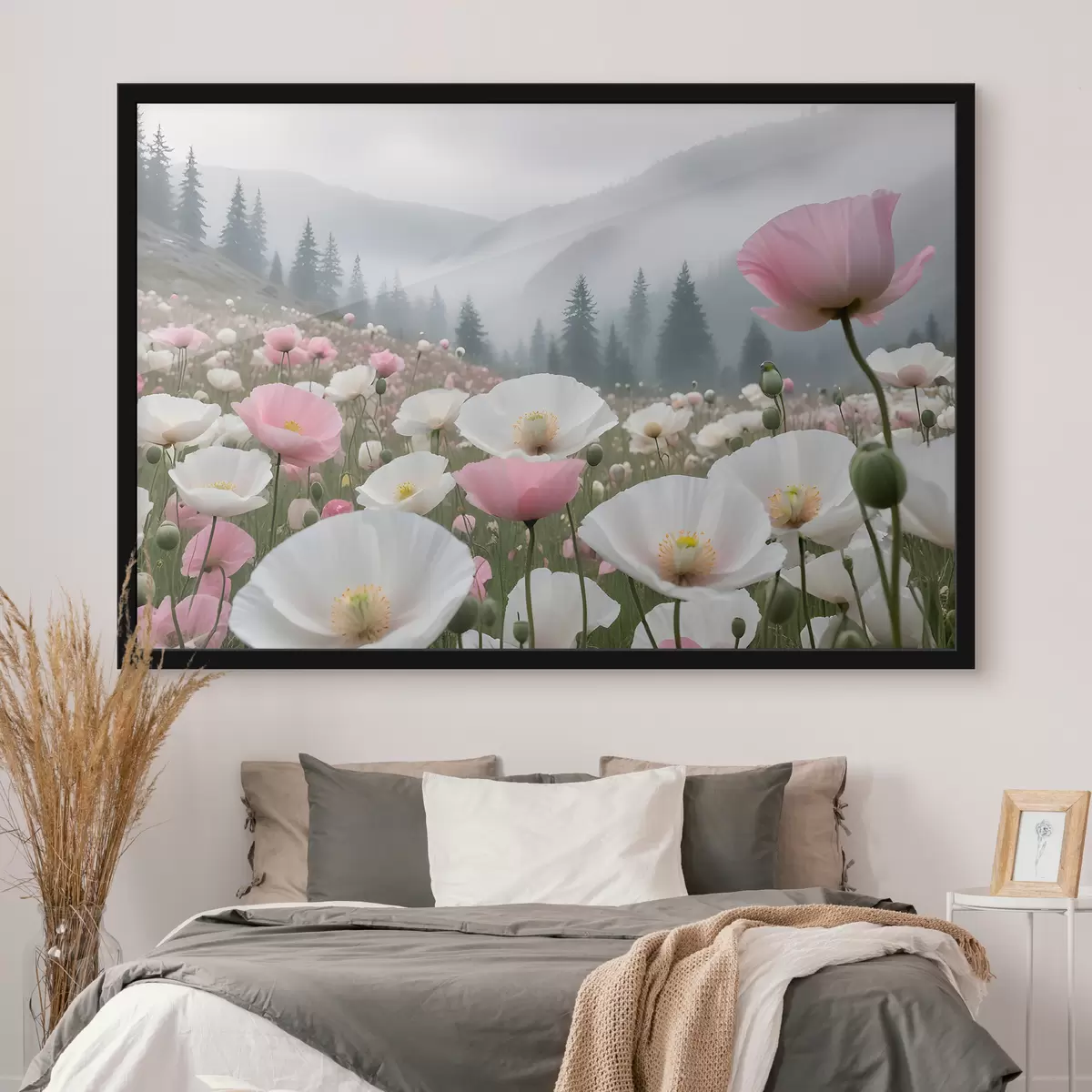 Poster Ein Feld mit rosa und weißen Mohnblumen in der Berglandschaft im Hintergrund f38369