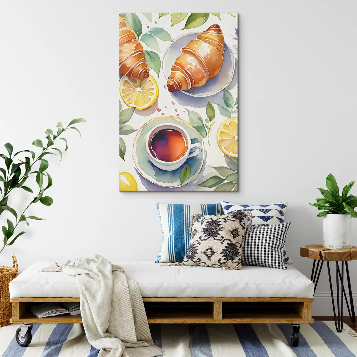 Wandbilder Croissant Aquarell, Tasse Tee, Frühstück, Zitronen, rustikaler Stil s38389