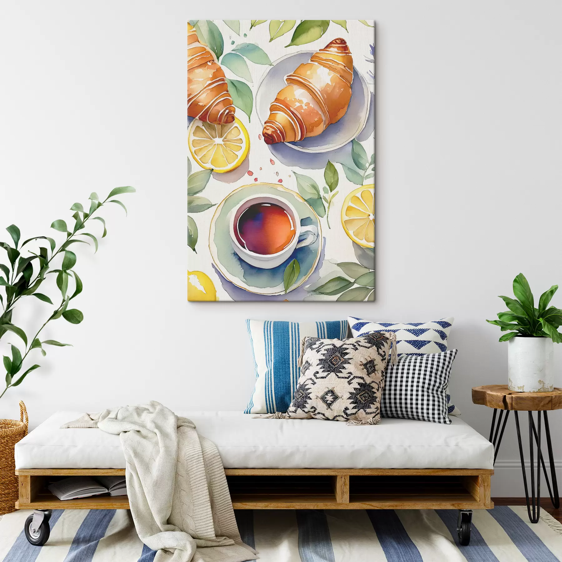 Wandbilder Croissant Aquarell, Tasse Tee, Frühstück, Zitronen, rustikaler Stil s38389
