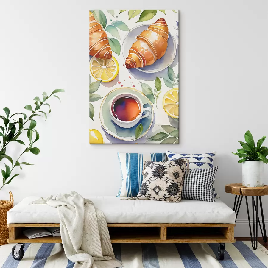 Wandbilder Croissant Aquarell, Tasse Tee, Frühstück, Zitronen, rustikaler Stil s38389